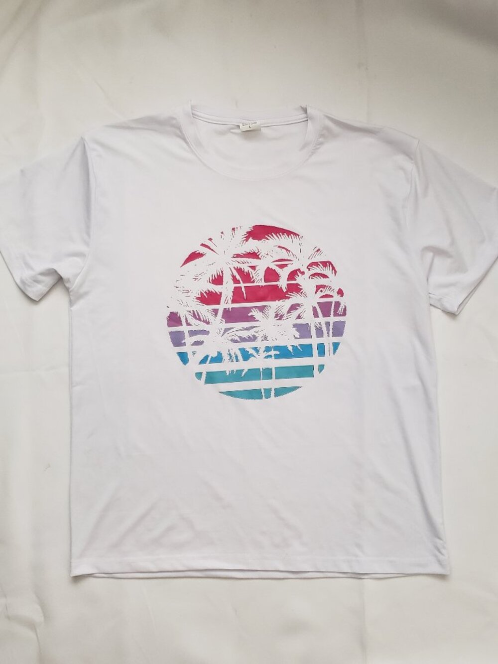 Summer white & pink rainbow size Large short sleeve shirt palm tree beach